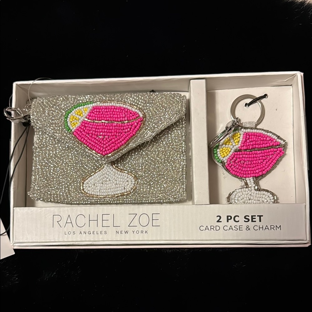 Rachel Zoe Silver Beaded Card Case and Pink Charm Set